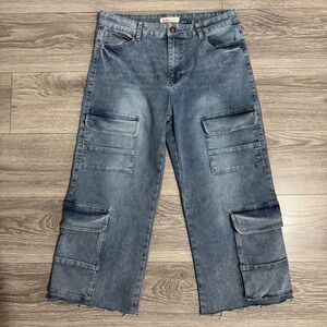 Lilac Sunset Women Blue Cargo Jeans Wide Leg Raw Hem Stretch Size 15 Waist 32 in